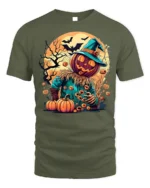 Pumpkin Head Scarecrow Halloween Graphic T-Shirt - military green t-shirt on white background