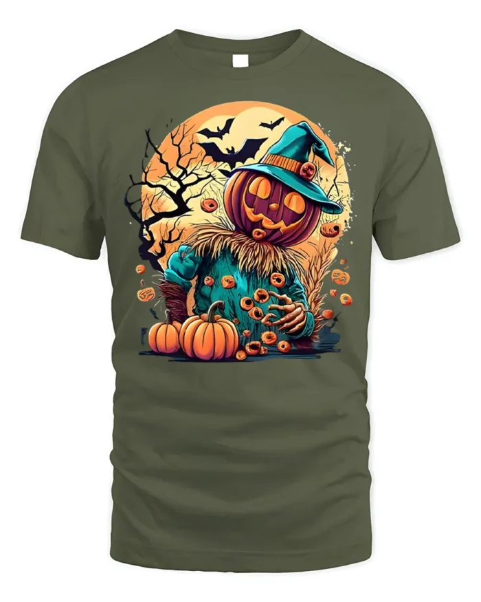 Pumpkin Head Scarecrow Halloween Graphic T-Shirt - military green t-shirt on white background