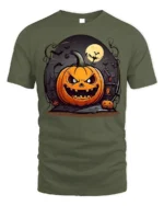 Evil Pumpkin Haunted House Halloween T-Shirt - military green t-shirt on white background