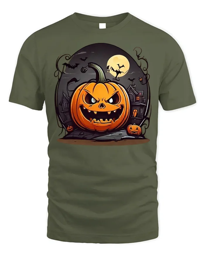 Evil Pumpkin Haunted House Halloween T-Shirt - military green t-shirt on white background