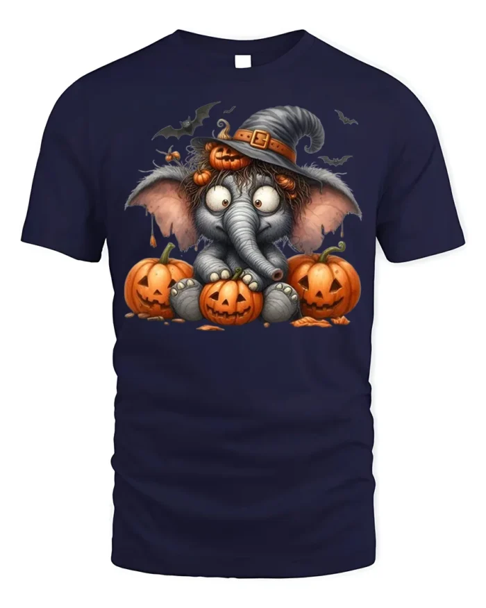 Cute Elephant Witch Halloween Pumpkin T-shirt - navy t-shirt on white background