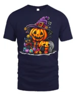 Cute Halloween Pumpkin Cat Candy T-shirt - navy t-shirt on white background