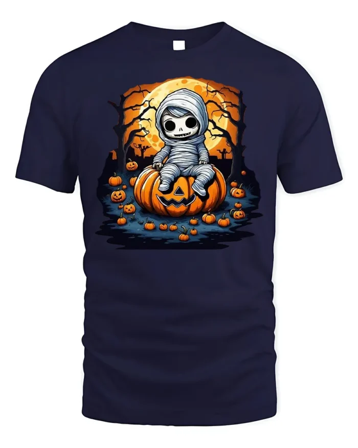 Spooky Cute Mummy Pumpkin Halloween T-shirt - navy t-shirt on white background