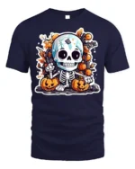Cute Skeleton Pumpkin Fall Halloween T-shirt - navy t-shirt on white background