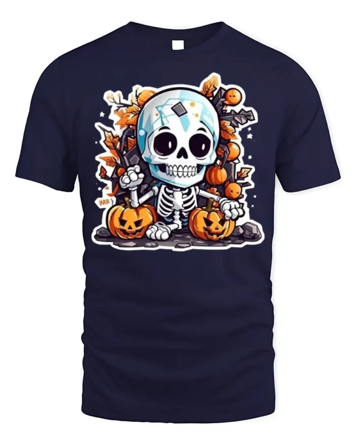Cute Skeleton Pumpkin Fall Halloween T-shirt - navy t-shirt on white background