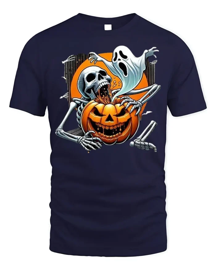 Scary Skeleton Pumpkin Ghost Halloween T-shirt - navy t-shirt on white background