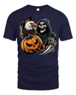Grim Reaper Eagle Pumpkin Halloween T-shirt - navy t-shirt on white background