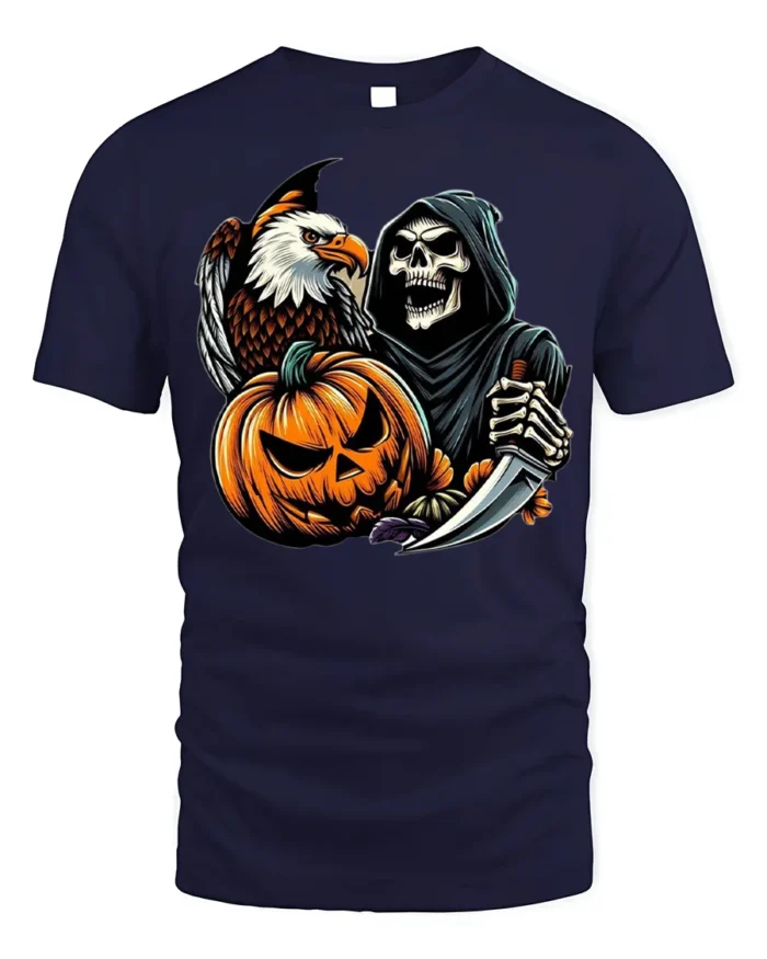 Grim Reaper Eagle Pumpkin Halloween T-shirt - navy t-shirt on white background