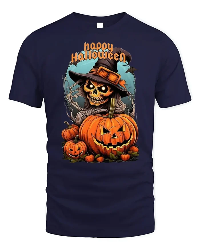 Witch Skull Pumpkin Happy Halloween T-shirt - navy t-shirt on white background