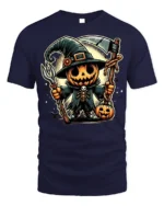 Pumpkin Scarecrow Witch Halloween Graphic T-shirt - navy t-shirt on white background