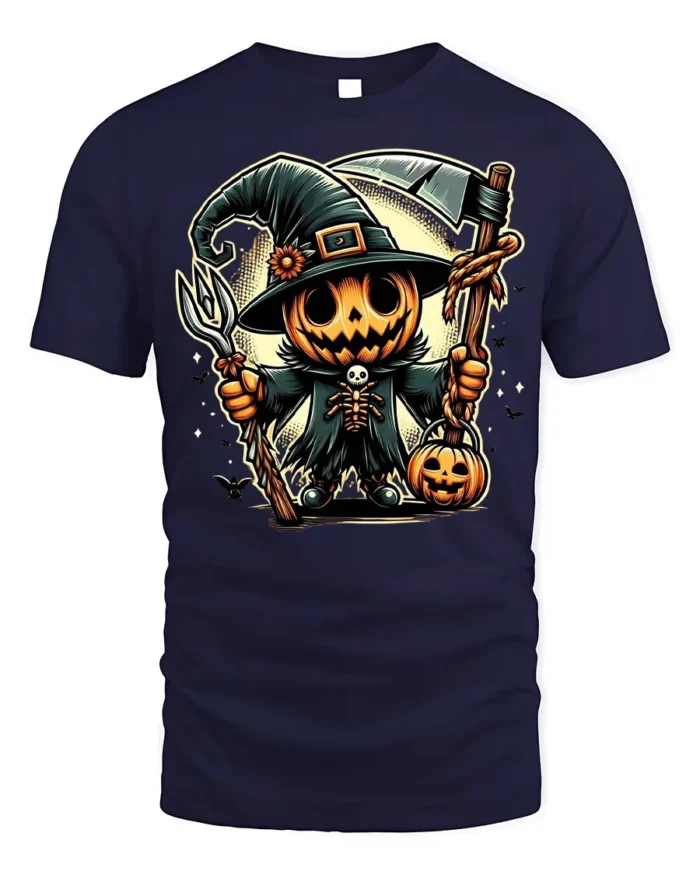 Pumpkin Scarecrow Witch Halloween Graphic T-shirt - navy t-shirt on white background