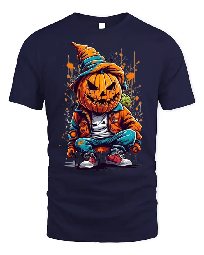 Urban Pumpkin Head Street Style Halloween T-shirt - navy t-shirt on white background