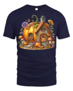 Pumpkin House Halloween Fall Cottage T-shirt - navy t-shirt on white background