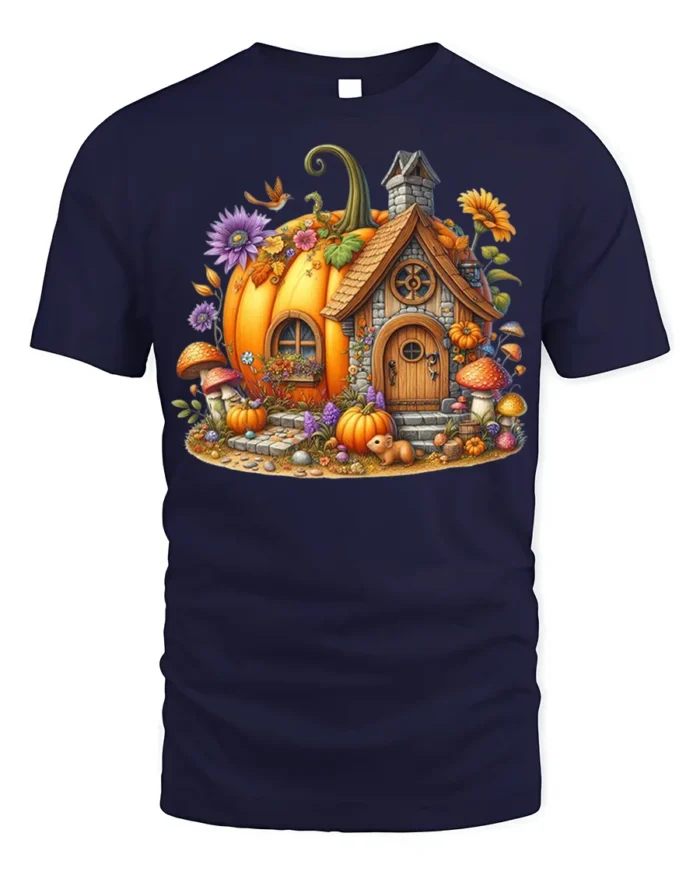 Pumpkin House Halloween Fall Cottage T-shirt - navy t-shirt on white background