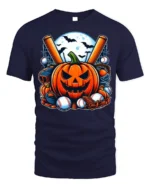 Halloween Pumpkin Baseball Spooky Game T-shirt - navy t-shirt on white background