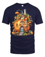 Whimsical Pumpkin House Halloween T-shirt - navy t-shirt on white background