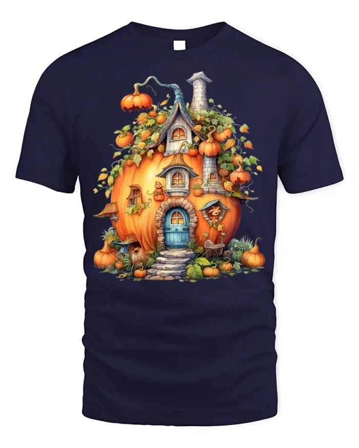 Whimsical Pumpkin House Halloween T-shirt - navy t-shirt on white background