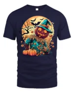 Pumpkin Head Scarecrow Halloween Graphic T-Shirt - navy t-shirt on white background