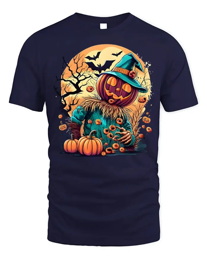 Pumpkin Head Scarecrow Halloween Graphic T-Shirt - navy t-shirt on white background