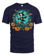 Skeleton Witch Pumpkin Halloween Graphic T-Shirt - navy t-shirt on white background