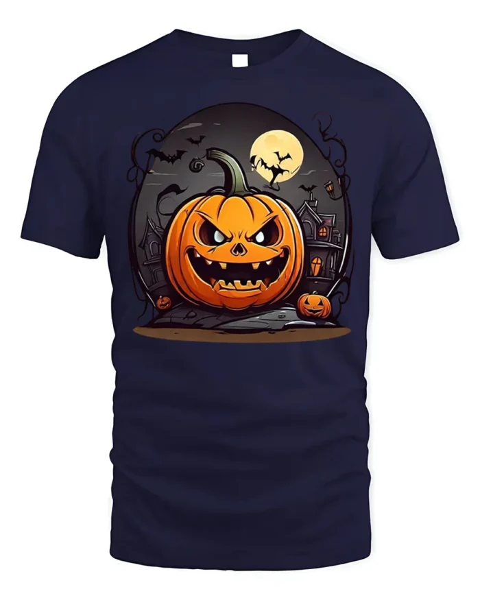 Evil Pumpkin Haunted House Halloween T-Shirt - navy t-shirt on white background