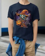Spooky Witch Pumpkin Halloween Graphic T-Shirt - model wearing navy shirt, hands in pockets
