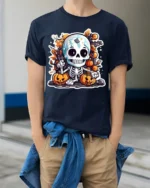 Cute Skeleton Pumpkin Fall Halloween T-shirt - model wearing navy shirt, hands in pockets