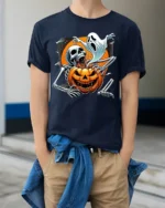 Scary Skeleton Pumpkin Ghost Halloween T-shirt - model wearing navy shirt, hands in pockets