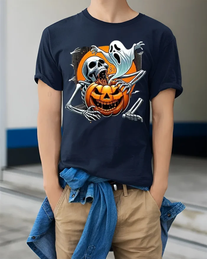 Scary Skeleton Pumpkin Ghost Halloween T-shirt - model wearing navy shirt, hands in pockets