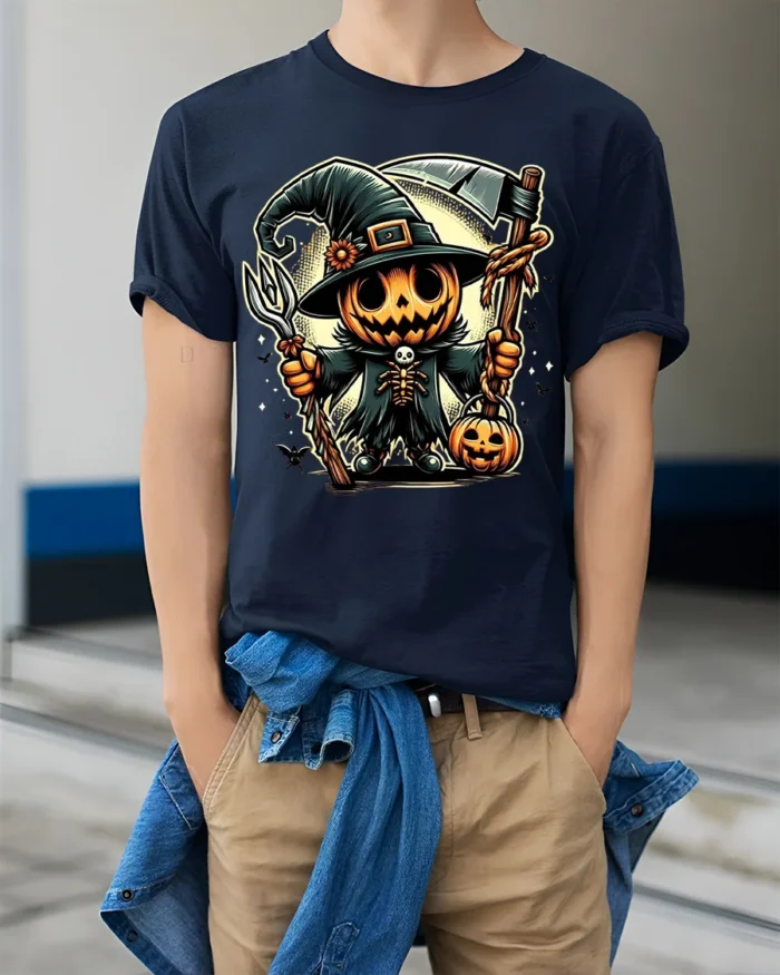 Pumpkin Scarecrow Witch Halloween Graphic T-shirt - model wearing navy shirt, hands in pockets