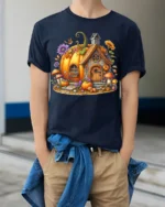 Pumpkin House Halloween Fall Cottage T-shirt - model wearing navy shirt, hands in pockets