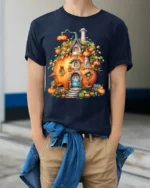 Whimsical Pumpkin House Halloween T-shirt - model wearing navy shirt, hands in pockets