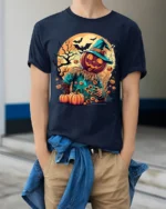 Pumpkin Head Scarecrow Halloween Graphic T-Shirt - model wearing navy shirt, hands in pockets