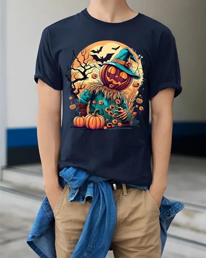 Pumpkin Head Scarecrow Halloween Graphic T-Shirt - model wearing navy shirt, hands in pockets