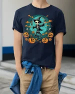 Skeleton Witch Pumpkin Halloween Graphic T-Shirt - model wearing navy shirt, hands in pockets