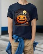 Evil Pumpkin Haunted House Halloween T-Shirt - model wearing navy shirt, hands in pockets