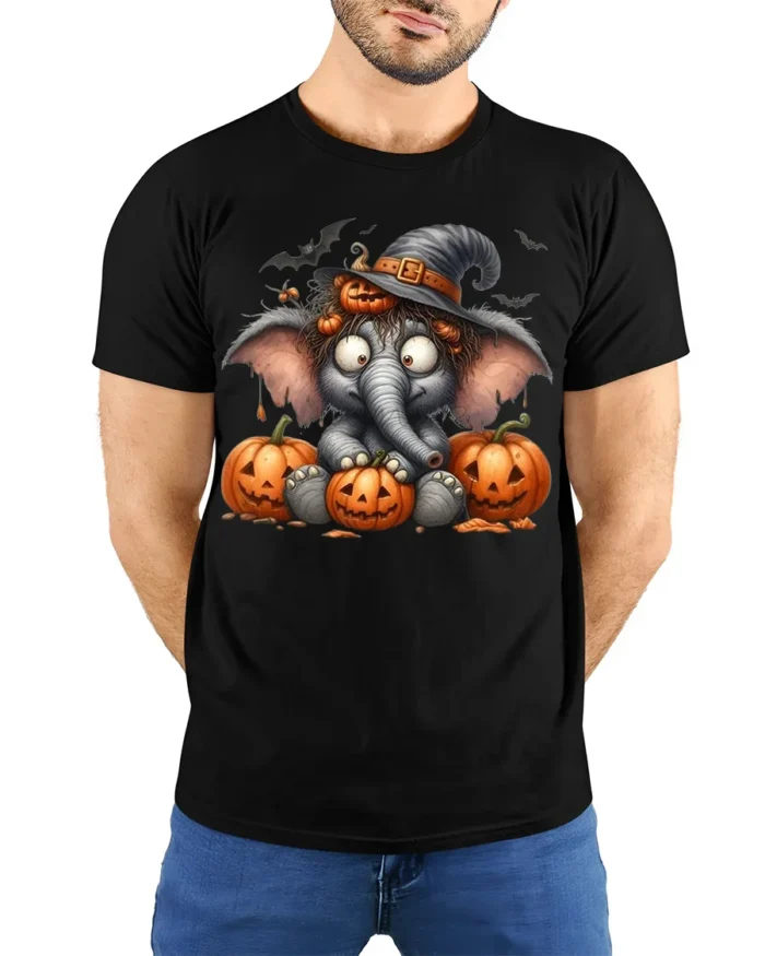 Cute Elephant Witch Halloween Pumpkin T-shirt - model wearing black shirt, hands behind back