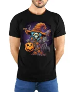 Spooky Witch Pumpkin Halloween Graphic T-Shirt - model wearing black shirt, hands behind back