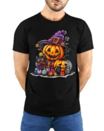 Cute Halloween Pumpkin Cat Candy T-shirt - model wearing black shirt, hands behind back