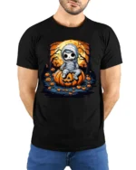 Spooky Cute Mummy Pumpkin Halloween T-shirt - model wearing black shirt, hands behind back