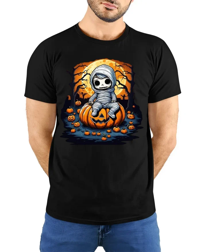 Spooky Cute Mummy Pumpkin Halloween T-shirt - model wearing black shirt, hands behind back