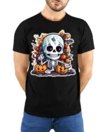 Cute Skeleton Pumpkin Fall Halloween T-shirt - model wearing black shirt, hands behind back