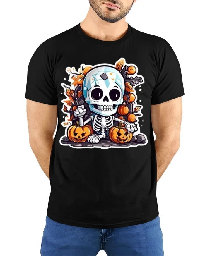 Cute Skeleton Pumpkin Fall Halloween T-shirt - model wearing black shirt, hands behind back