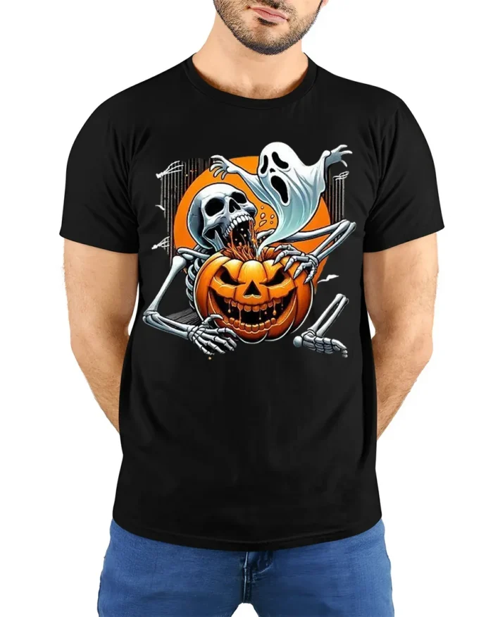 Scary Skeleton Pumpkin Ghost Halloween T-shirt - model wearing black shirt, hands behind back