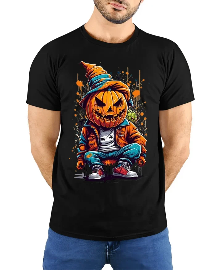 Urban Pumpkin Head Street Style Halloween T-shirt - model wearing black shirt, hands behind back