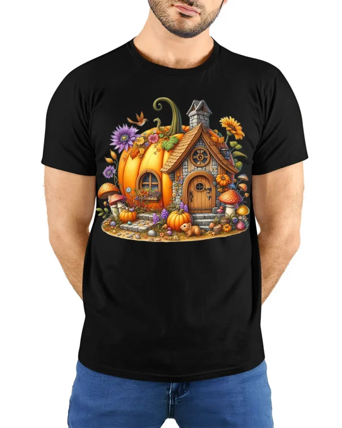Pumpkin House Halloween Fall Cottage T-shirt - model wearing black shirt, hands behind back
