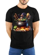 Witch Cauldron Skull Pumpkin Halloween T-shirt - model wearing black shirt, hands behind back