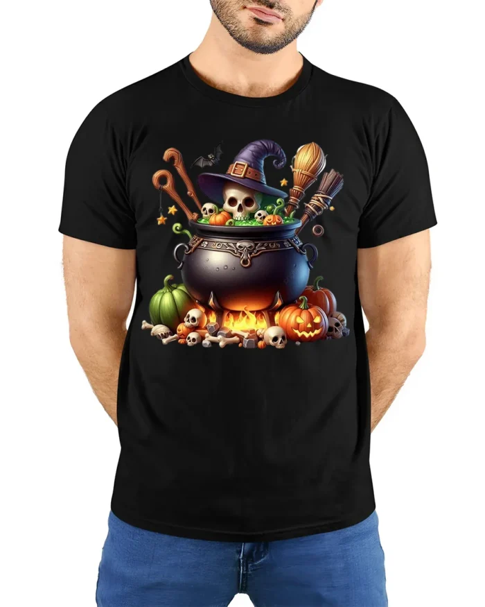 Witch Cauldron Skull Pumpkin Halloween T-shirt - model wearing black shirt, hands behind back