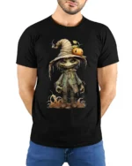Creepy Scarecrow Pumpkin Halloween T-shirt - model wearing black shirt, hands behind back