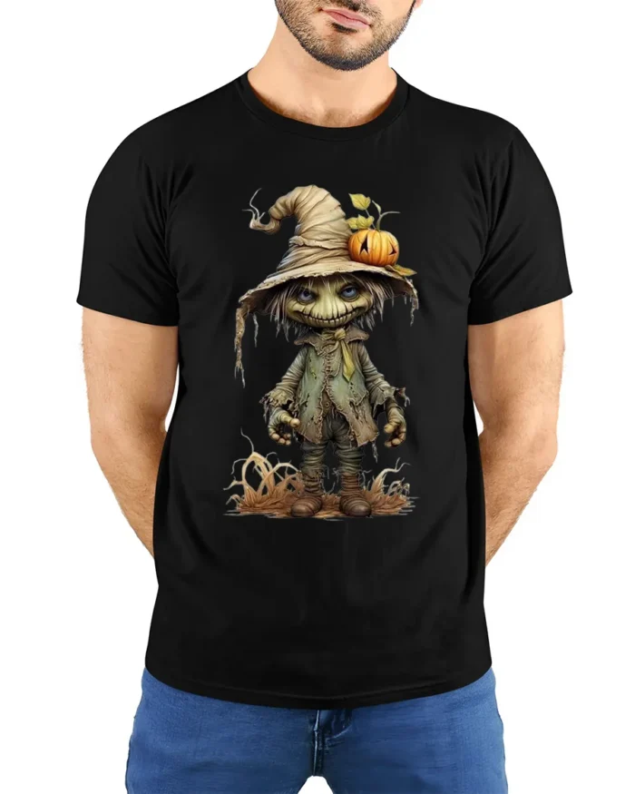 Creepy Scarecrow Pumpkin Halloween T-shirt - model wearing black shirt, hands behind back